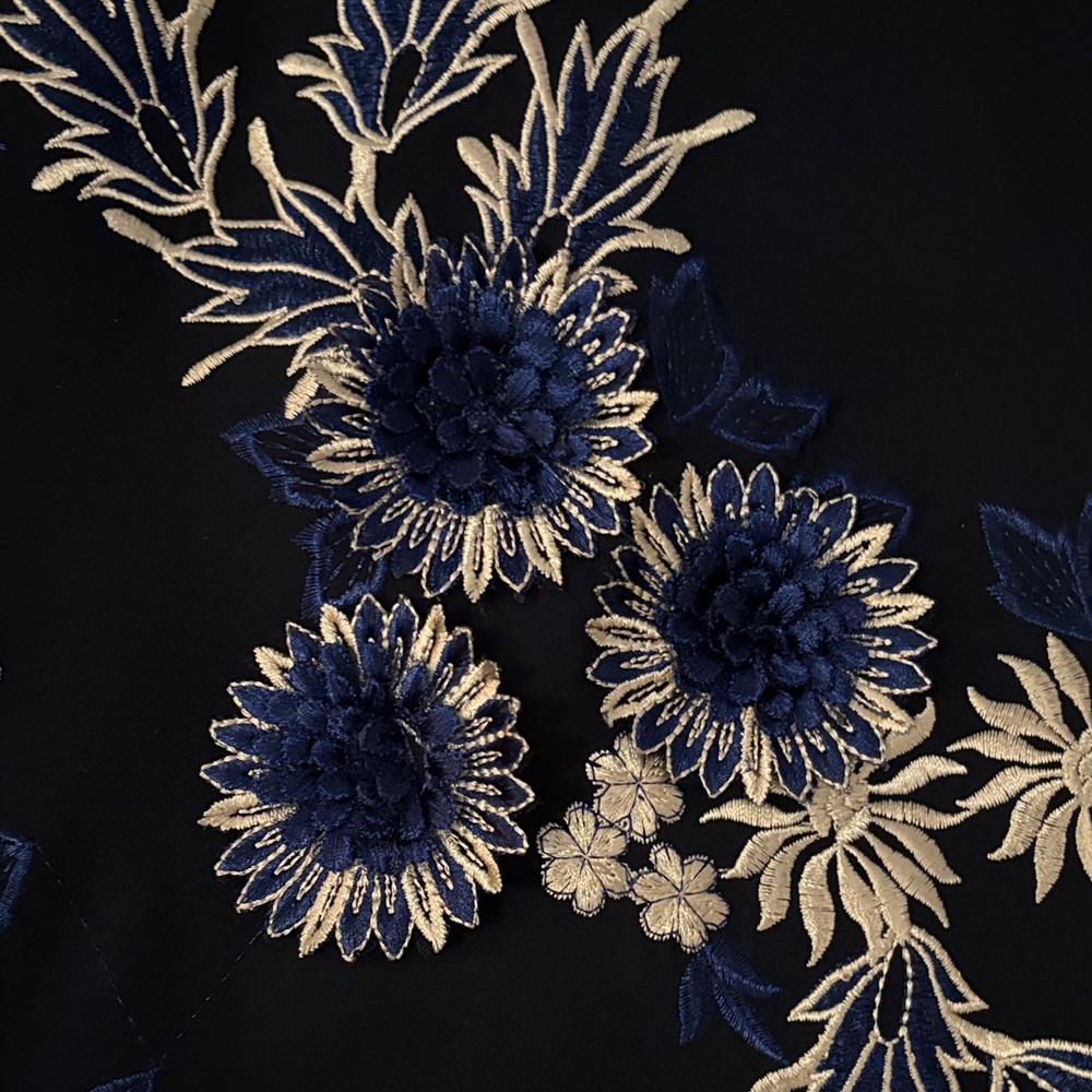 Badgley Mischka Navy Midi Dress with White & Blue Embroidered Floral Print - Picture 6 of 16